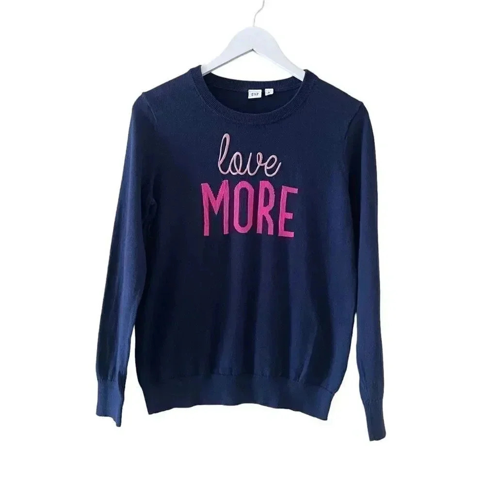 Gap Navy Blue With Pink Lettering Graphic Sweater Long Sleeves Cotton Casual Wom